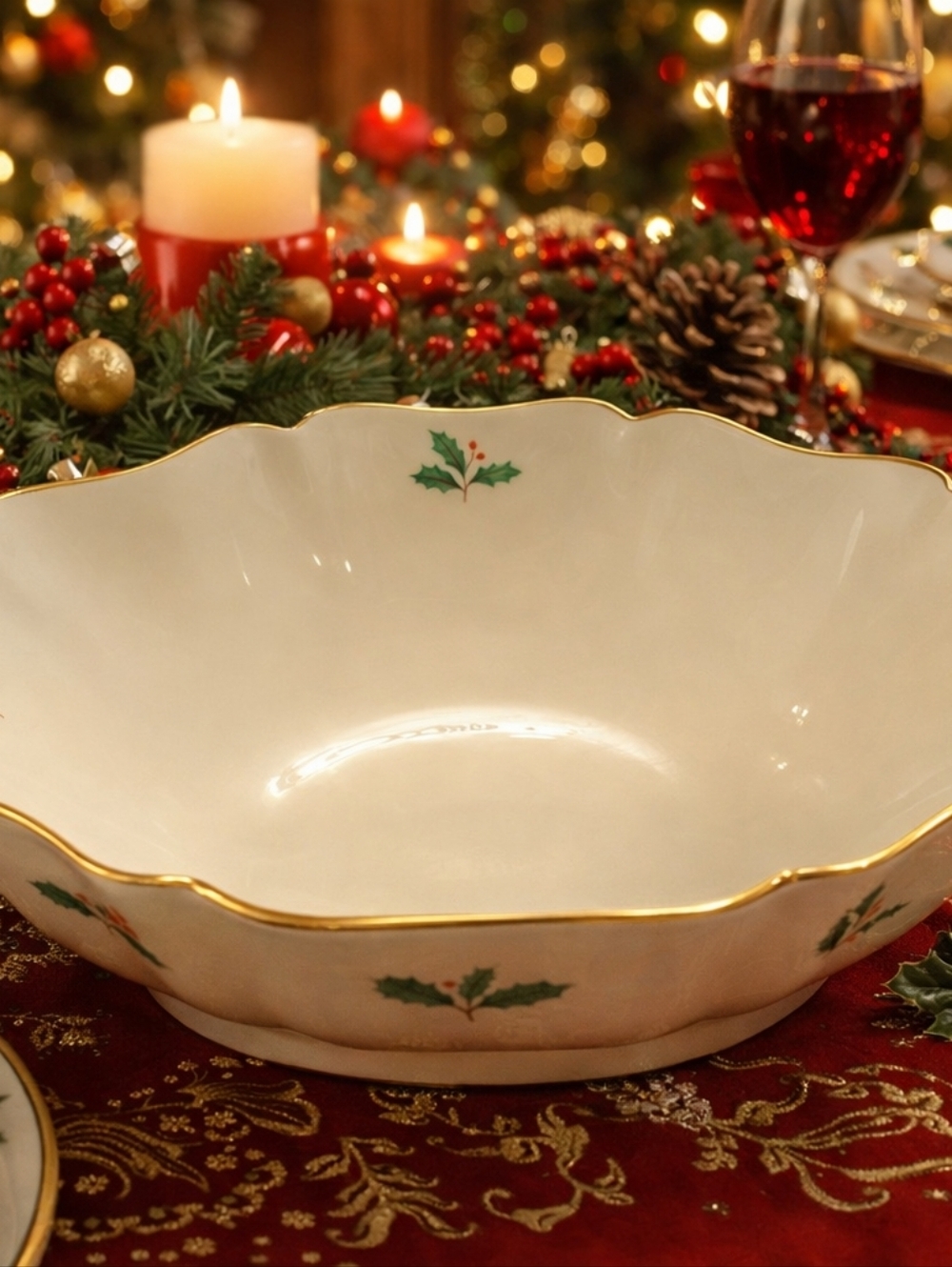 Vintage Lenox Holiday Bowl with 24k Gold Trim and Holly Design Like New
